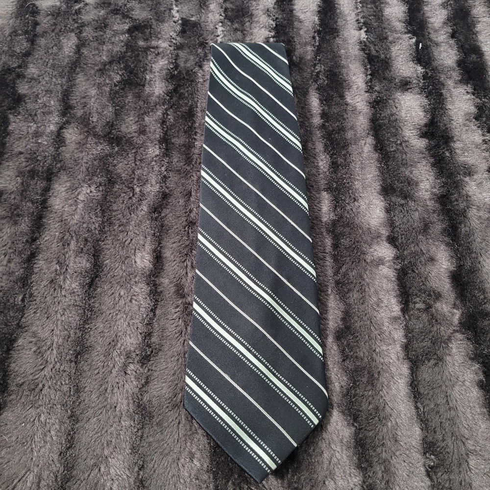 Campia Moda Mens Silk Necktie Black Sage Green White Diagonal Stripe Formal Tie